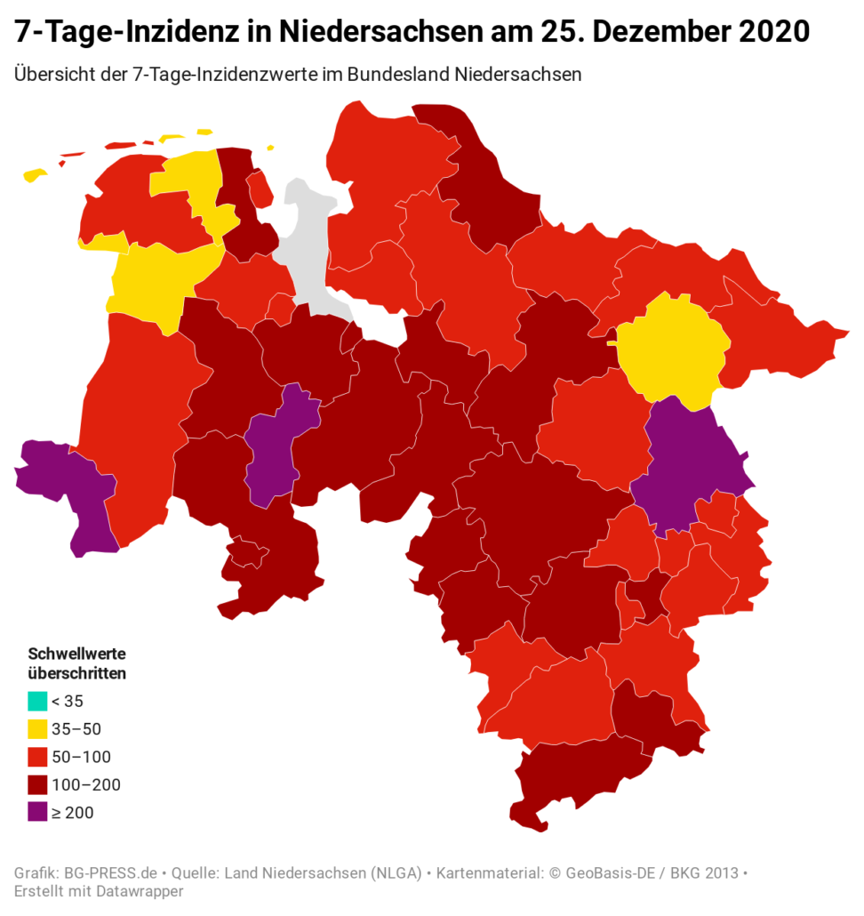 Tagesupdate zu den Covid-19 Neuinfektionen in Niedersachsen / Region Hannover vom 25.12.2020